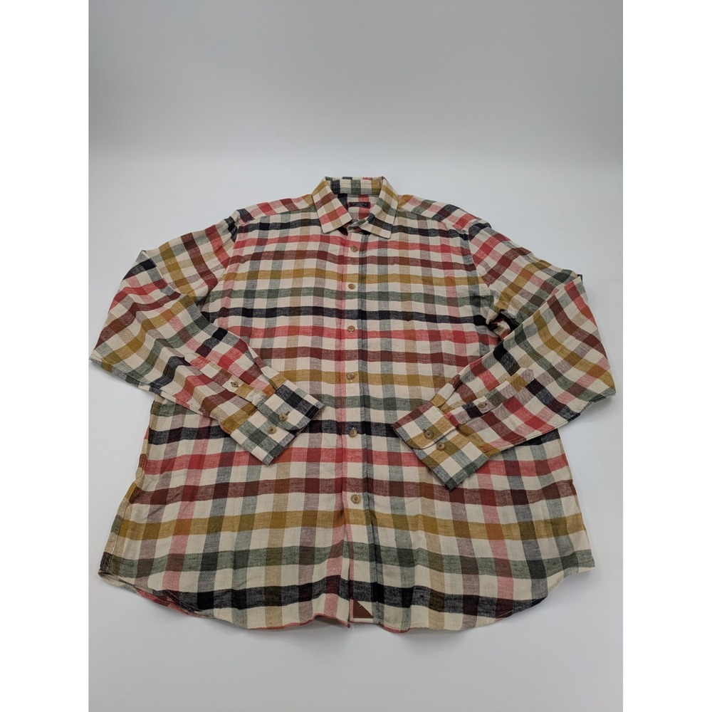 UNTUCKit Mens Valais  XL Linen L/S Button‎ Up Shirt Red Brown Check Plaid